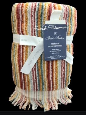 2 Brooks Brothers Fall Rainbow Striped Hand Towels Luxury Thick Plush Turkish